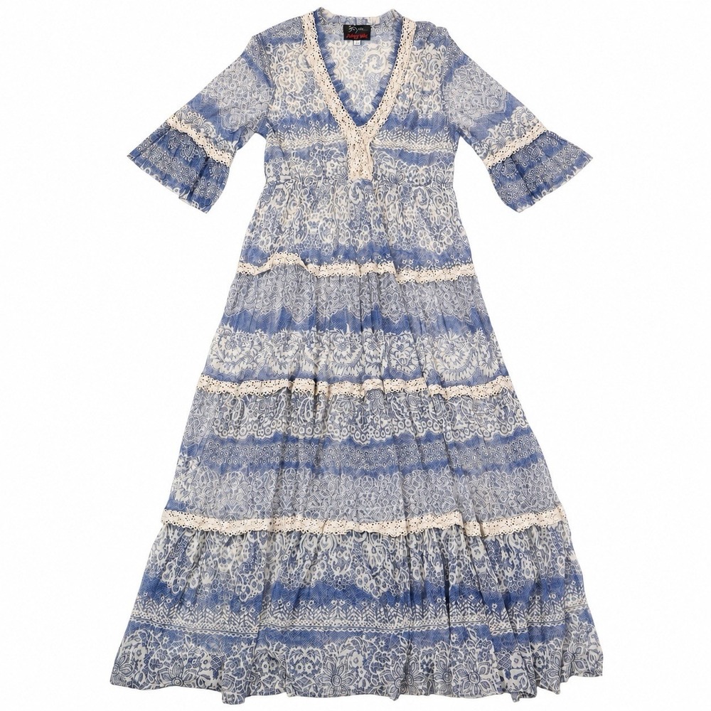 Johnny Was Biya Mazzy Crochet Maxi Dress PS Blue Lace Boho Sheer Slip Missing